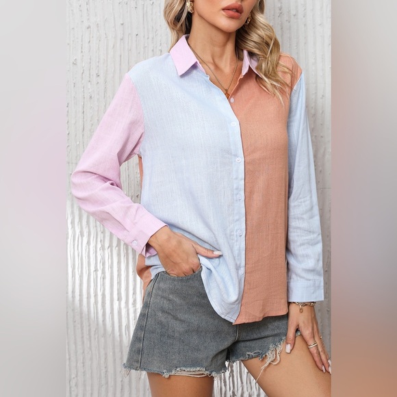 Color Block Button Up Long Sleeve Shirt - Picture 2 of 7